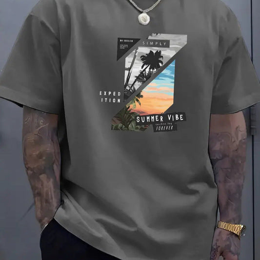 Color-block 3D-printed summer men's T-shirt with bold graphic pattern