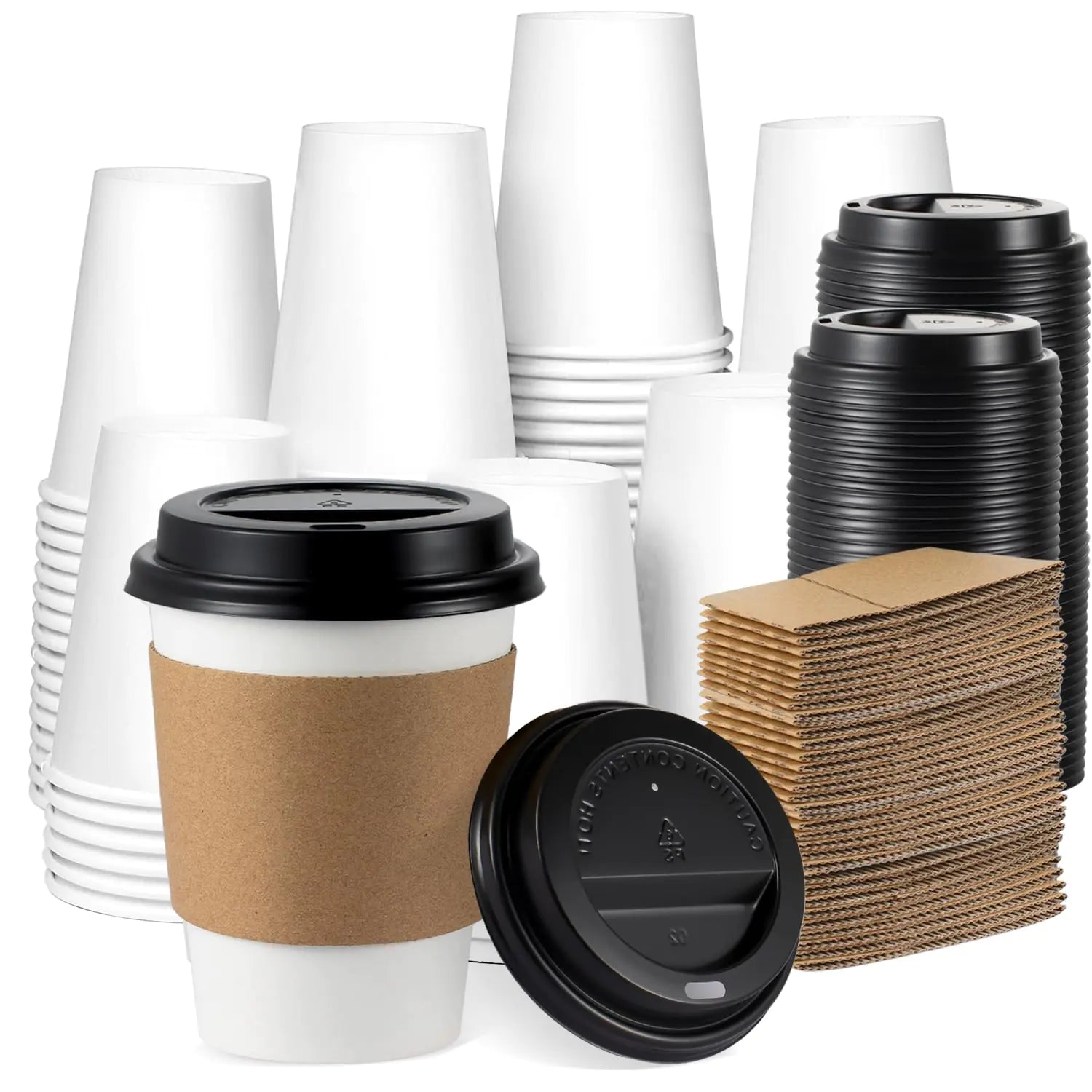 BENEVAL [100 Pack] 12 oz Disposable Coffee Cups with Lids and Sleeves 12 oz To Go Coffee Cups with Lids Sturdy White Paper Disposable Cups with Lids for Hot and Cold Beverage