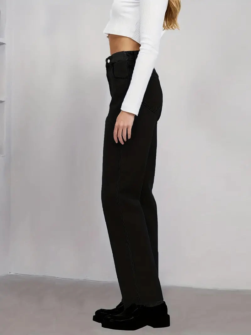 Black Raw Hem High Waist Straight Jeans for Women