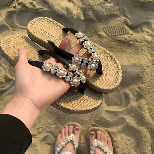 French-style pearl rhinestone thong slippers for women, straw flat anti-slip outdoor beach slides