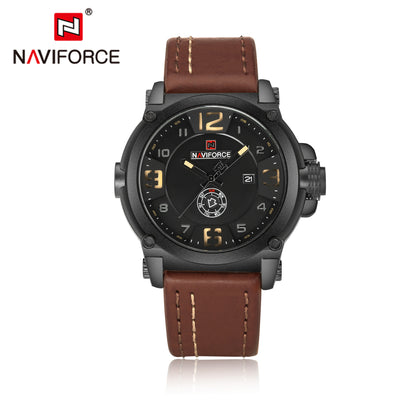 NAVIFORCE 9099 men's waterproof quartz watch with black dial and stainless steel band, showcasing a sleek, durable timepiece.