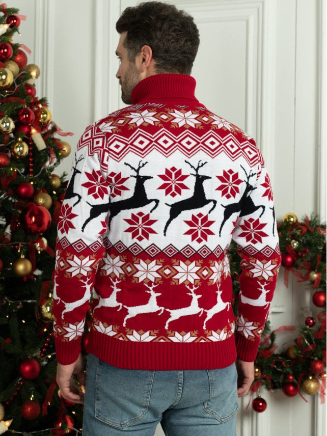 Unisex Christmas elk jacquard turtleneck sweater with long sleeves in couple wear style