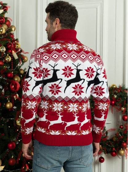 Unisex Christmas elk jacquard turtleneck sweater with long sleeves in couple wear style