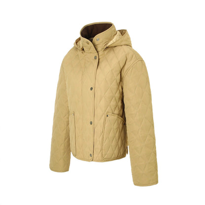 Women's short padded coat with detachable hood in black, front zip and quilted design