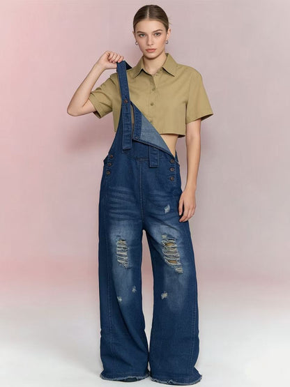 Women's retro loose-fit wide-leg denim overalls by My Store