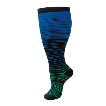 Plus-size nylon compression nurse socks for men and women, shown in assorted colors