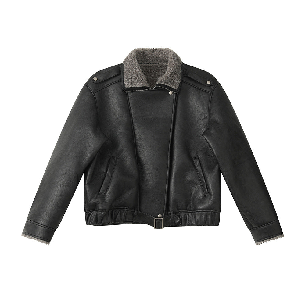 Fur-lined thickened warm jacket coat with turn-down collar and long sleeves, front view
