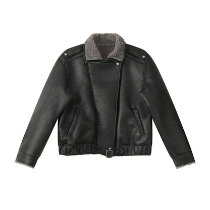 Fur-lined thickened warm jacket coat with turn-down collar and long sleeves, front view