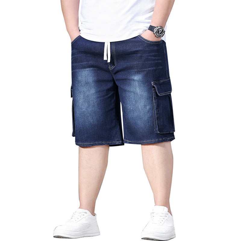 Elastic-cord cargo denim shorts with multiple utility pockets and relaxed fit