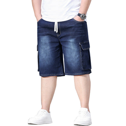 Elastic-cord cargo denim shorts with multiple utility pockets and relaxed fit