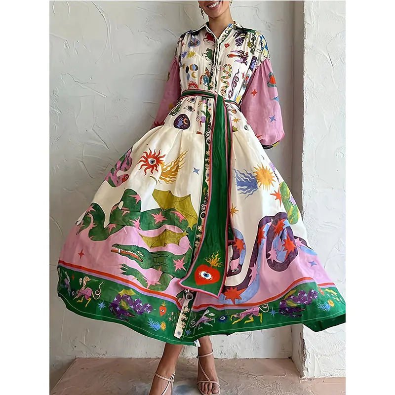 Fashion Print Long Sleeve Dress - BACKUPMYFILESNOW