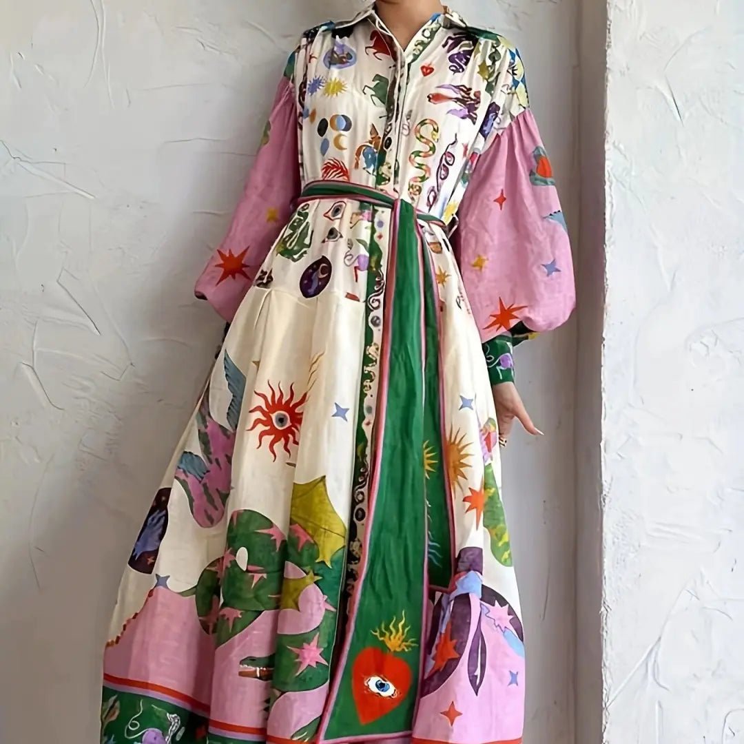 Fashion Print Long Sleeve Dress - BACKUPMYFILESNOW