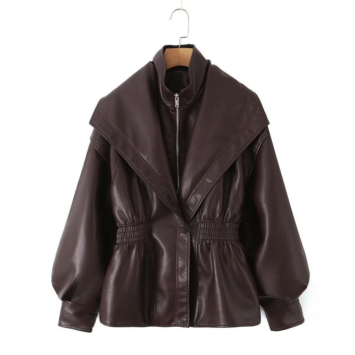 Womens loose leather jacket with turn-down collar, front view