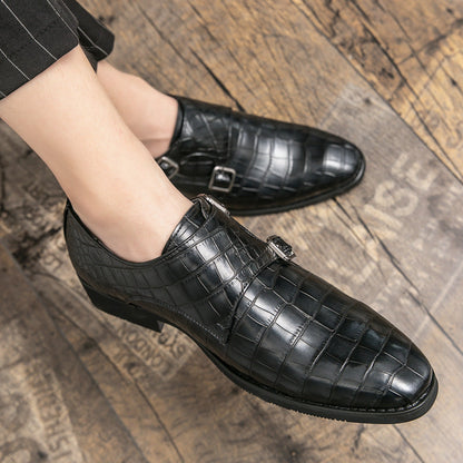 British-style men's leather shoes with square toe and embossed pattern