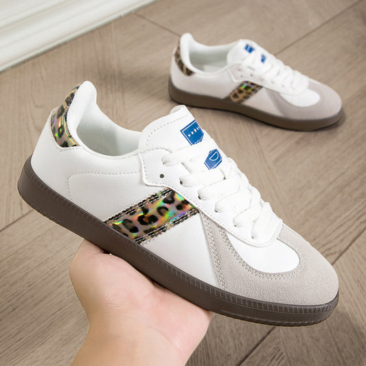 Women's white lace-up casual sneakers with leopard print flat soles