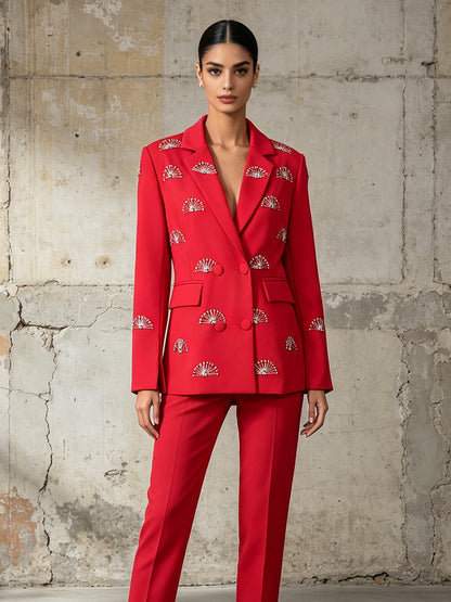 Rhinestone fan motif double-breasted tailored blazer jacket with notched lapel in a structured design