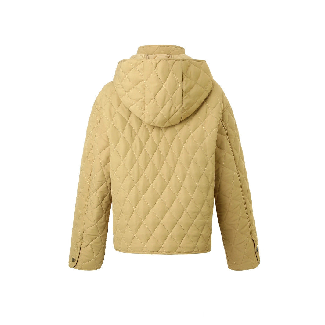 Women's short padded coat with detachable hood, front zipper, and long sleeves; brand not visible