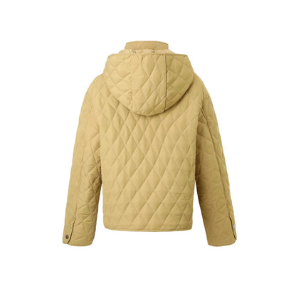 Women's short padded coat with detachable hood, front zipper, and long sleeves; brand not visible