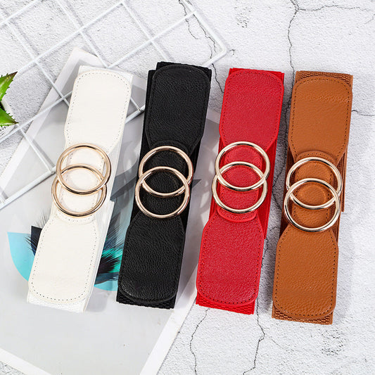 Casual stretchy decorative fashion belt with snap buckle, black woven design