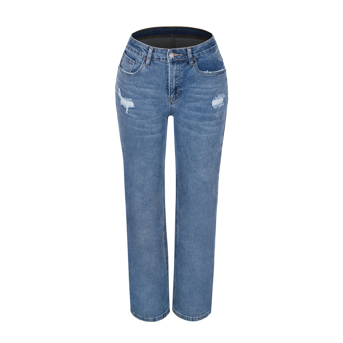 Women's loose-fit straight-leg ripped high-elastic jeans in blue denim