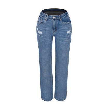 Women's loose-fit straight-leg ripped high-elastic jeans in blue denim