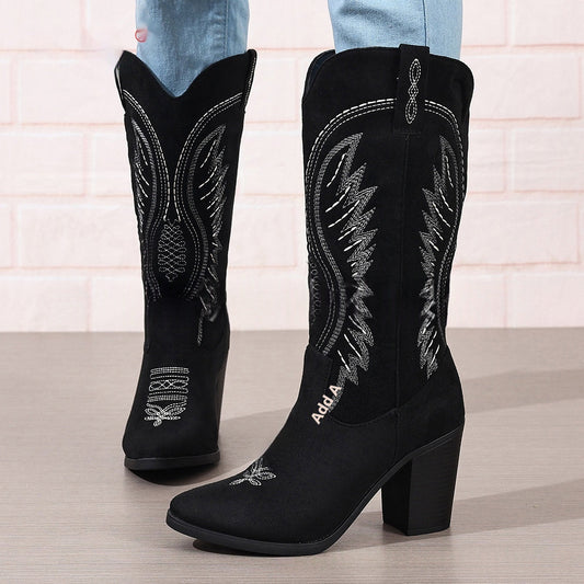 Autumn pointed mid-heel embroidered denim boots with a high tube shaft