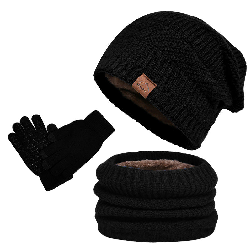 Fleece-lined winter warm hat, scarf, and gloves three-piece set in a coordinated design