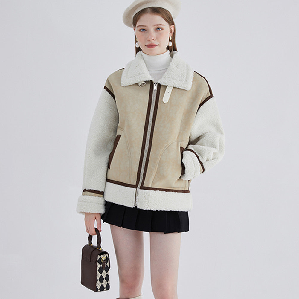 Women's fashion fur integrated short coat by My Store shown in a close-up product view