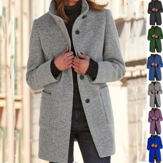 Women's stand collar woolen coat with pockets, button front, and long sleeves for fall and winter casual wear