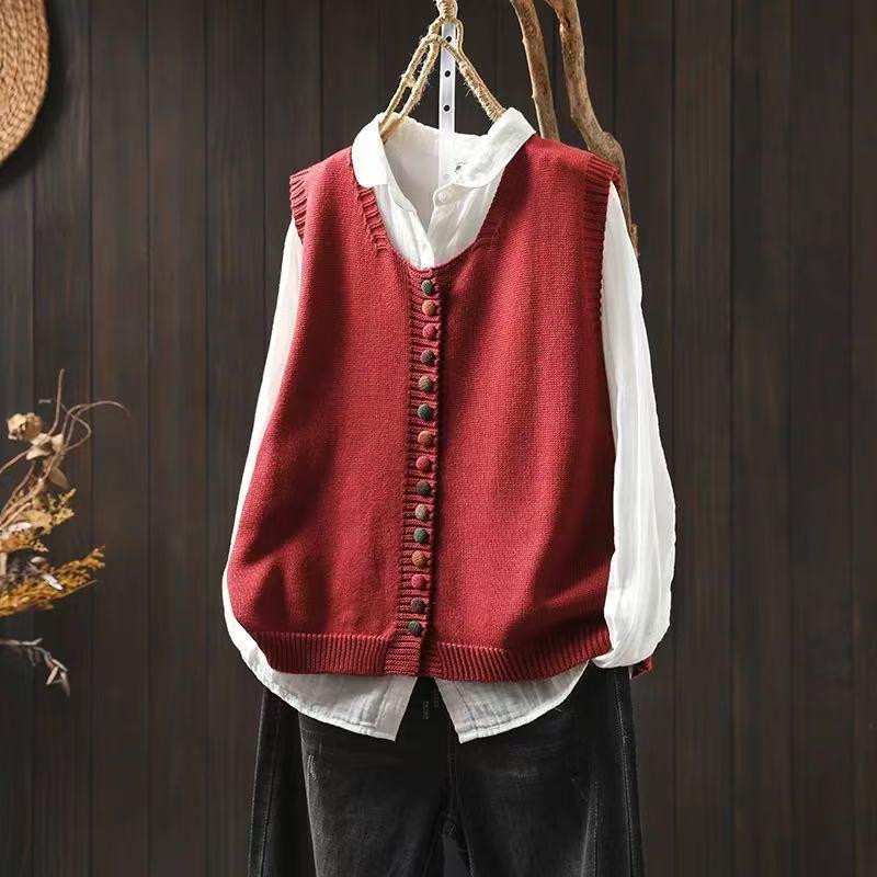 Colored button cotton thread knitted vest with multicolor buttons and textured knit pattern