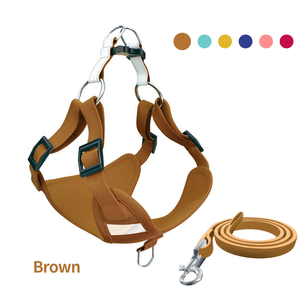 Reflective dog harness and leash vest set, showing adjustable straps and secure clips