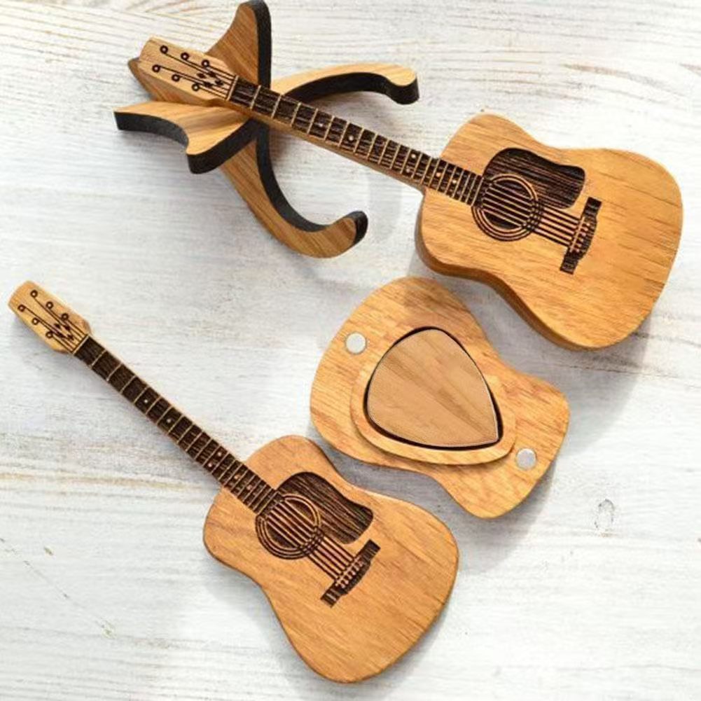 Personalized wooden guitar ornament with stand and guitar pick box gift set”】【