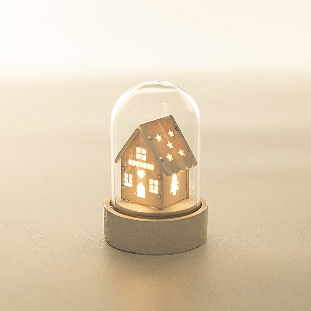Luminous wooden house Christmas ornament with festive holiday decoration details