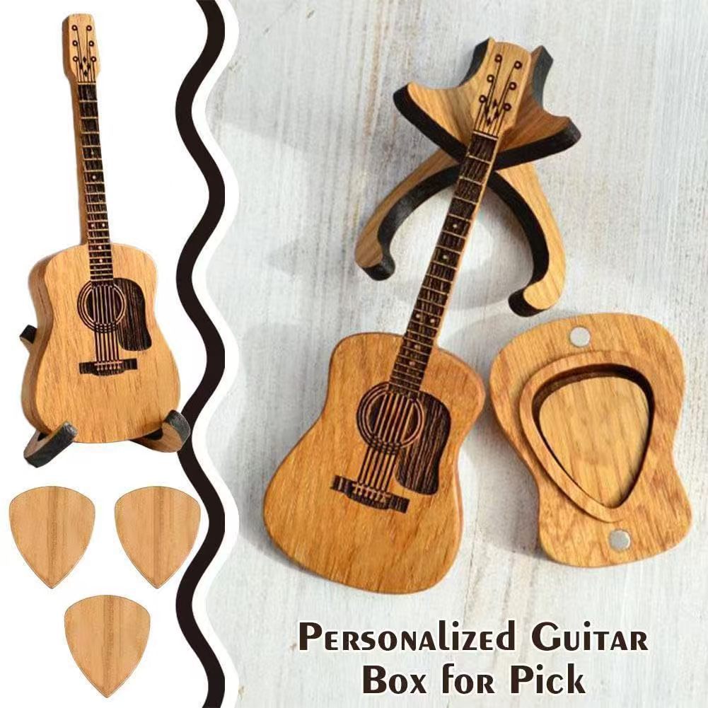 Personalized wooden guitar ornament with stand and guitar pick box gift content unavailable