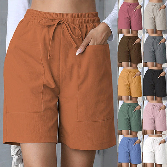 Women's loose linen high-waisted wide-leg casual shorts with pockets, solid color, plus size