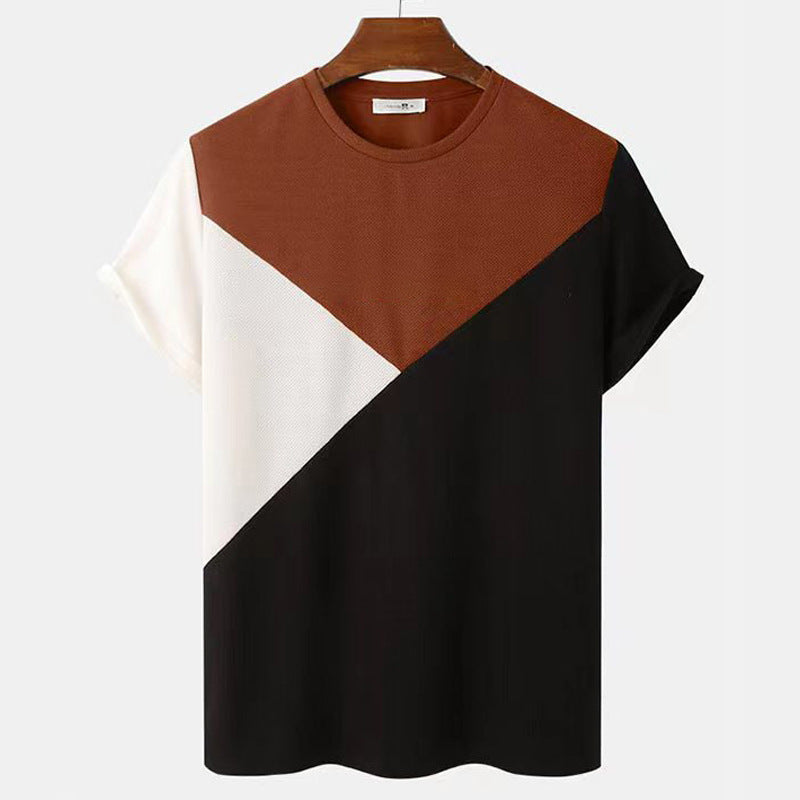 Striped 3D printed short sleeve knitted mesh top with textured pattern and lightweight open-knit design