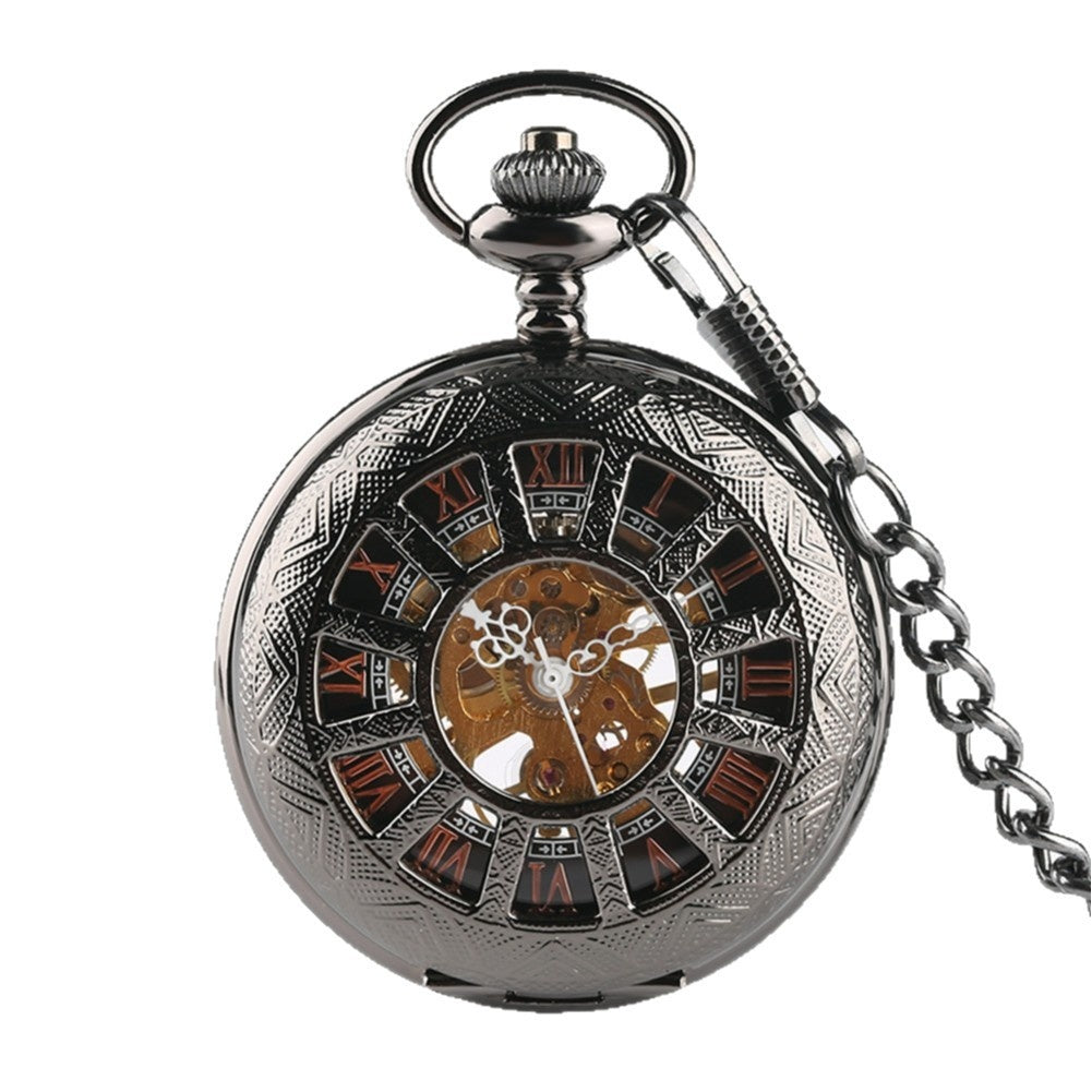 Openwork carved floral Roman-style pocket watch with visible clock face and ornate metal casing