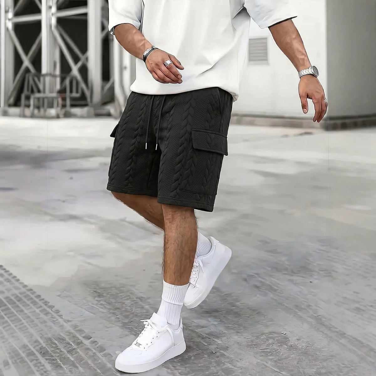 Men's drawstring jacquard casual shorts in textured fabric, front view