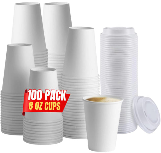 1InTheHome 8 oz Coffee Cups With Lids Disposable Paper Coffee Hot Cups (100 Count)