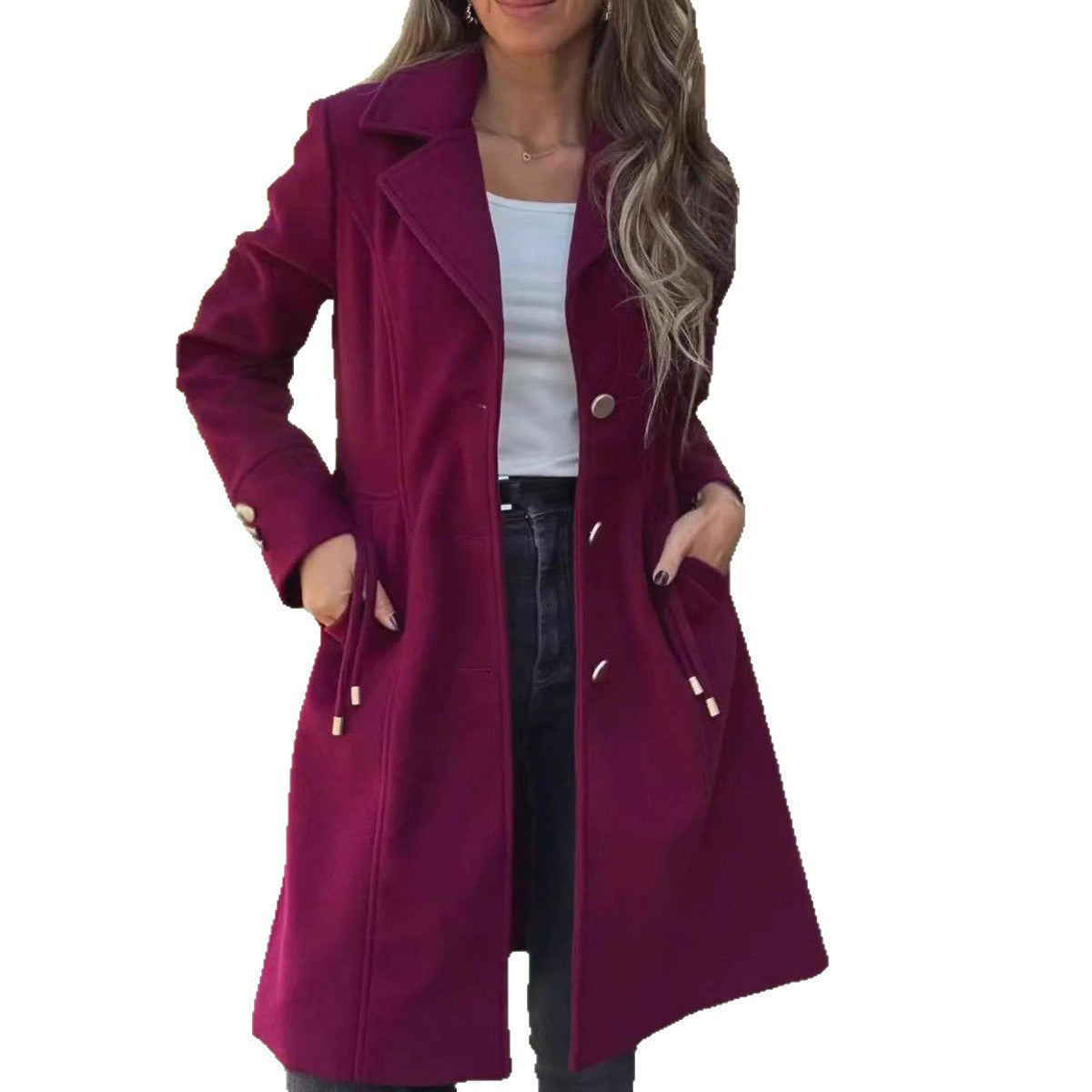 Women's solid-color mid-length wool coat with drawstring and pockets