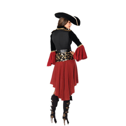 Women's pirate Halloween costume outfit with pirate-themed details, displayed on a white background