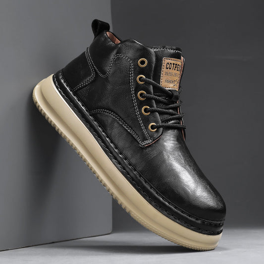 Retro men's mid-top casual boots in brown leather with lace-up design and rugged sole