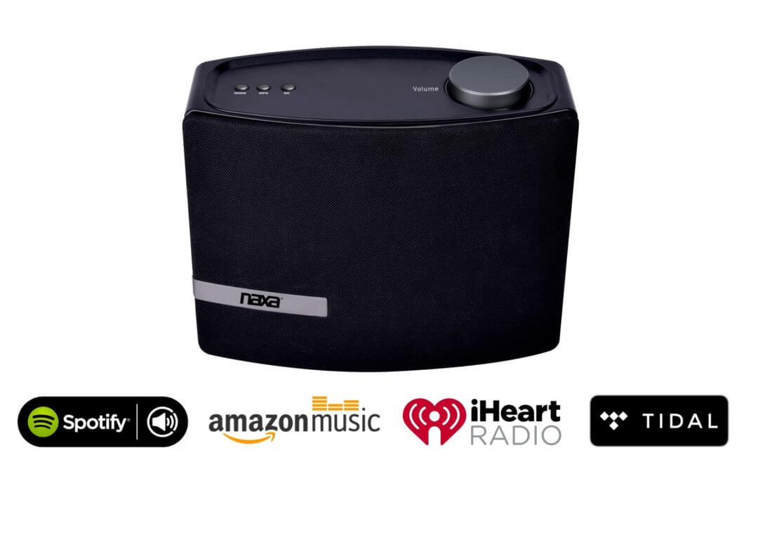 Naxa Wi-Fi and Bluetooth multi-room speaker with Amazon Alexa voice control, black with control buttons on top.