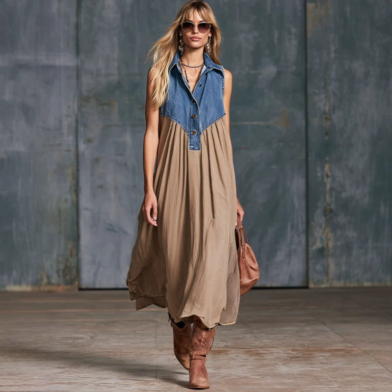 Women's blue denim patchwork dress with fashionable layered design