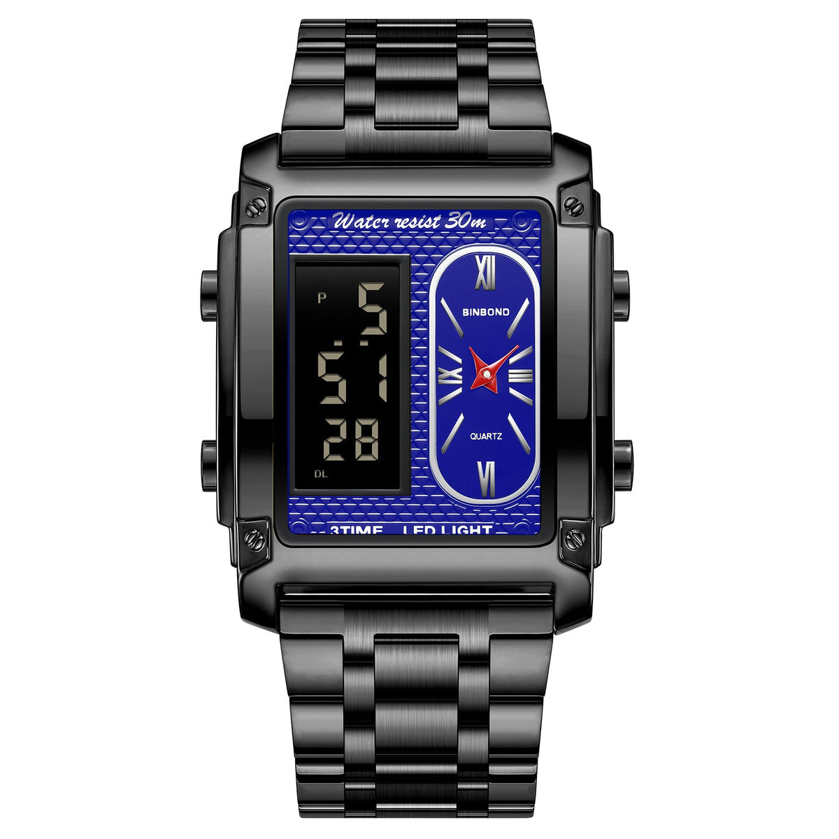 Men's creative steel belt electronic watch with double inserts, multifunctional waterproof design for students