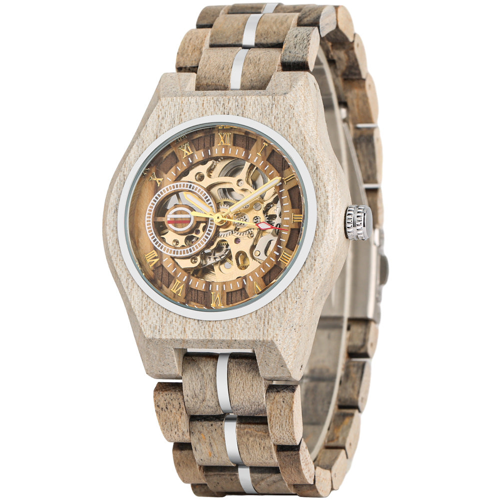 Openwork Roman dial automatic mechanical men's watch with visible skeleton movement and black leather strap