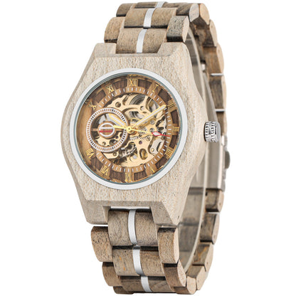 Openwork Roman dial automatic mechanical men's watch with visible skeleton movement and black leather strap