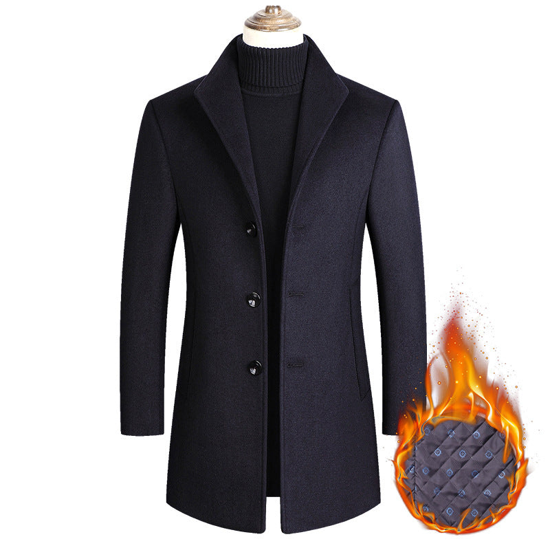 Middle-aged men's stand-up collar woolen coat in a classic solid-color design