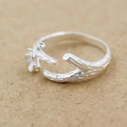 S925 sterling silver open ring with delicate flower and branch design, plain silver finish