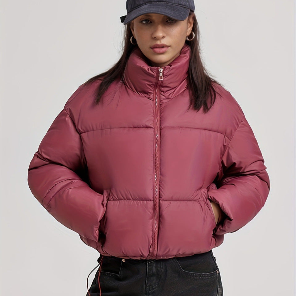 Stand-collar puffer cotton-padded coat for petite figures in a quilted design with a high collar
